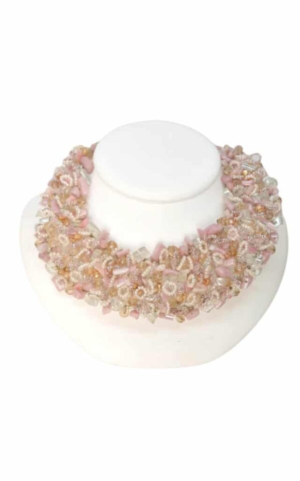 Festive pink beaded necklace with glass beads