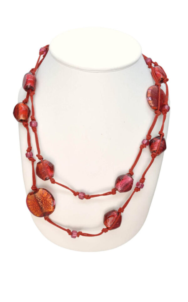 Long red beaded necklace with glass beads