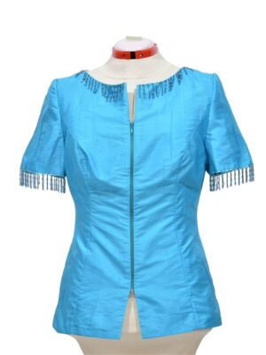 Turquoise blue blouse with beads and front zipper closure